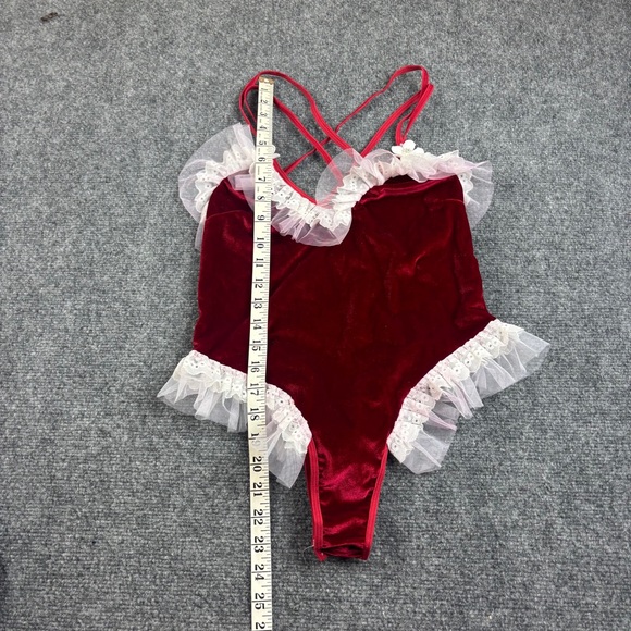 Red Velour Strappy Lingerie Bodysuit Santa Bunny Christmas White lace sz: Medium - Picture 6 of 7